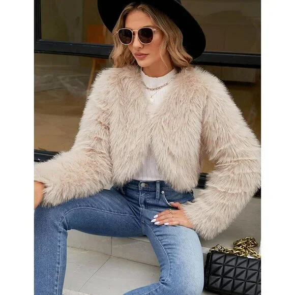 Women's Apricot Gihuo Cropped Faux Fur Coat Open Front Fleece Winter Jacket - Picture 5 of 7